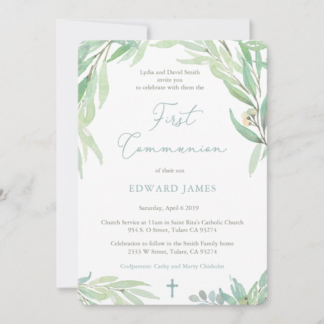 1st Communion for Boy with Green Spring Leaves Invitation (Front)