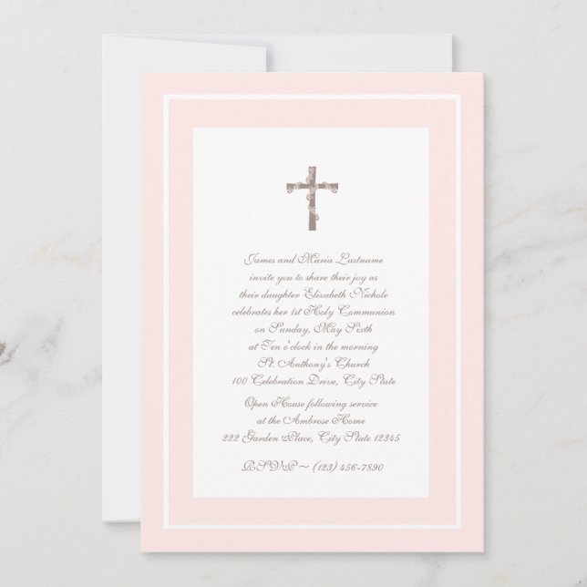 1st Communion Soft Pink and Brown Invitation (Front)