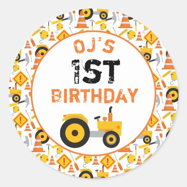 1st Construction Birthday Party Age Sticker (Front)