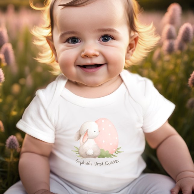 1st Easter Cute Bunny Egg Name Girl Pink Baby Bodysuit (First Easter Cute Bunny, Personalized Baby Girl Baby Bodysuit)