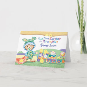 1st Easter, Grandson, Wooly Bunny with Chicks Holiday Card