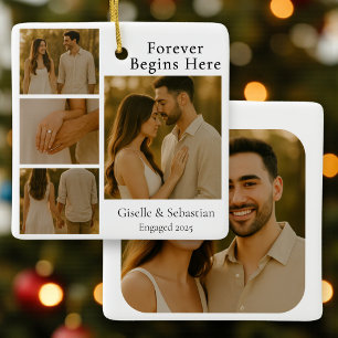 1st Engaged Photo Collage Christmas Holiday Ceramic Ornament