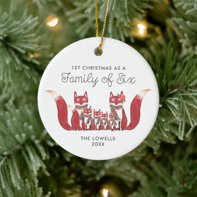 1st Family of Six Personalized Cute Woodland Foxes Ceramic Ornament (Tree)