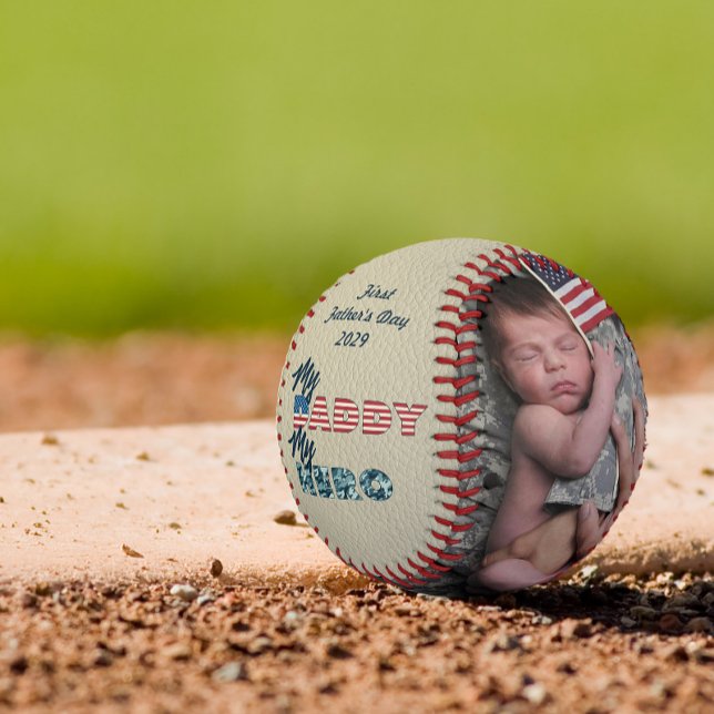 1st Father's Day My Daddy My Hero Leather Photo Baseball (Easily personalize this First Father's Day My Daddy My Hero baseball - he'll love it!)