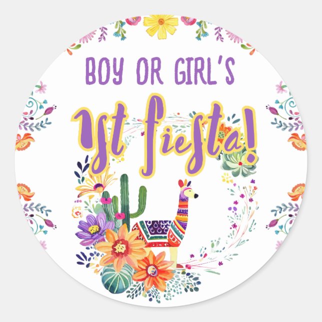 1st Fiesta Birthday Boy Girl Folkart Floral Favour Classic Round Sticker (Front)