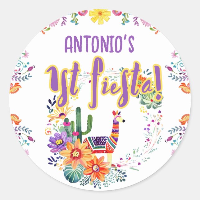 1st Fiesta Birthday For a BOY Folkart Floral Favou Classic Round Sticker (Front)