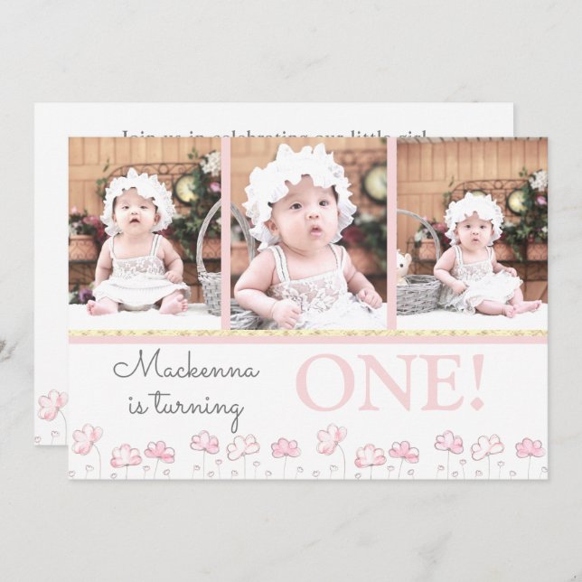 1st First Birthday Blush Pink Gold Photo Collage I Invitation (Front/Back)