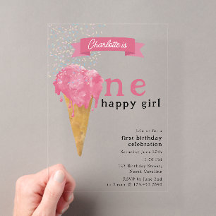 1st First Birthday One Happy Girl Pink Ice Cream Acrylic Invitations
