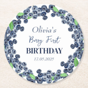 1st First Birthday Party Blueberry Baby Girl Round Paper Coaster