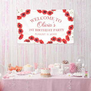 1st First Birthday Party Poppies Baby Girl Banner