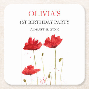 1st First Birthday Party Poppies Baby Girl Square Paper Coaster