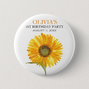 1st First Birthday Party Sunflower Baby Girl 2 Inch Round Button