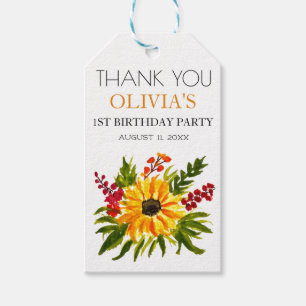 1st First Birthday Party Sunflower Baby Girl Gift Tags
