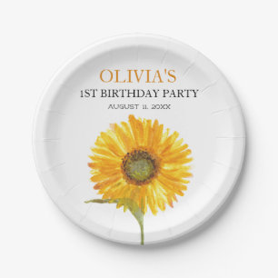 1st First Birthday Party Sunflower Baby Girl Paper Plate