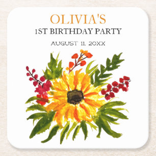 1st First Birthday Party Sunflower Baby Girl Square Paper Coaster