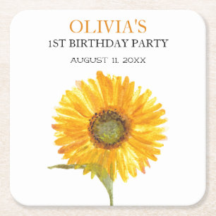 1st First Birthday Party Sunflower Baby Girl Square Paper Coaster