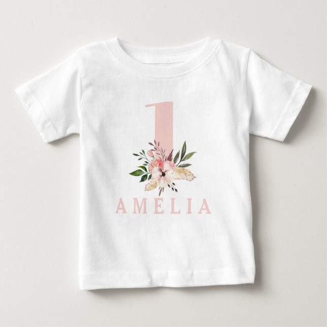 1st first birthday pink girly floral birthday baby T-Shirt (Front)