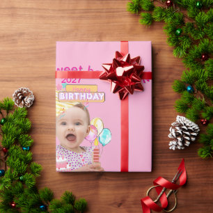 1st First Birthday Pink Personalized Photo Design Wrapping Paper