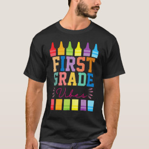1st First Grade Vibes Teacher Student Crayon Back T-Shirt