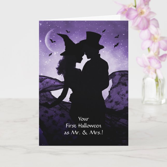 1st First Halloween Newlyweds Cute Witch  Card (Orchid)