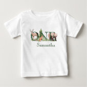 1st First One Birthday Woodland Animals Name Baby T-Shirt (Front)