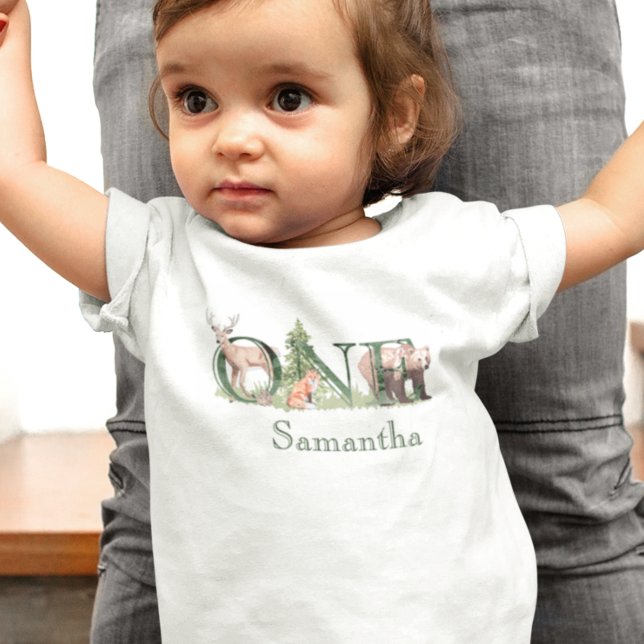 1st First One Birthday Woodland Animals Name Baby T-Shirt