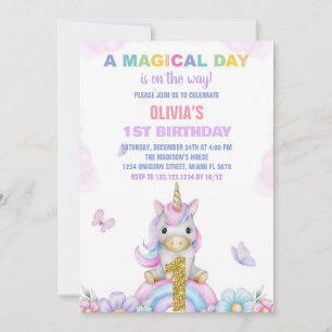 1st Floral Unicorn Birthday Invitations