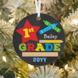 1st Grade First Grade Keepsake Chalkboard Colourfu Metal Ornament<br><div class="desc">This first grade ornament features a star, a ruler, a pencil, crayons and bold, colourful fun typography! Click the customize button for more options for modifying the text! Variations of this design, additional colours, as well as coordinating products are available in our shop, zazzle.com/store/doodlelulu. Contact us if you need this...</div>