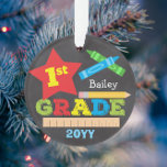 1st Grade First Grade Keepsake Chalkboard Colourfu Ornament<br><div class="desc">This first grade ornament features a star, a ruler, a pencil, crayons and bold, colourful fun typography! Click the customize button for more options for modifying the text! Variations of this design, additional colours, as well as coordinating products are available in our shop, zazzle.com/store/doodlelulu. Contact us if you need this...</div>