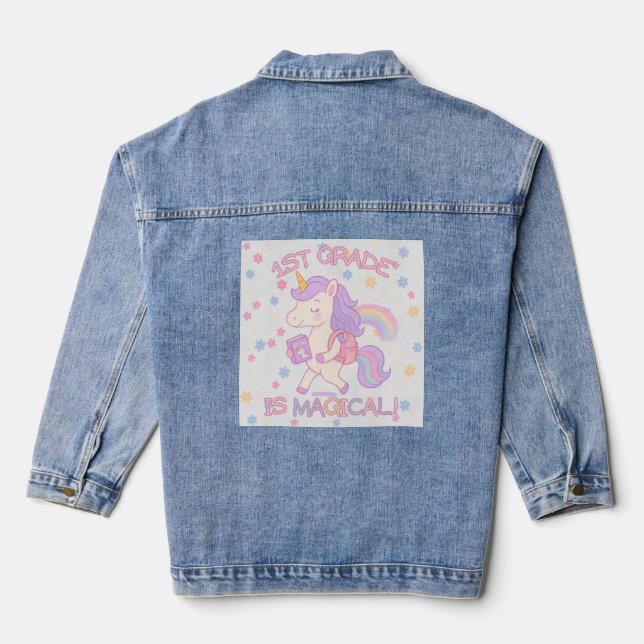 1st Grade is Magical Back to School Unicorn Pastel Denim Jacket (Back)
