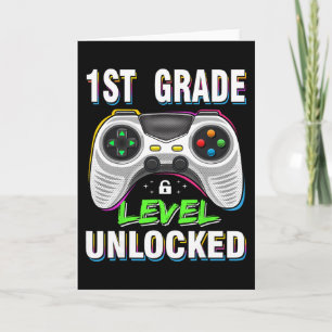 1st Grade Level Unlocked Gamer First Day Of School Card