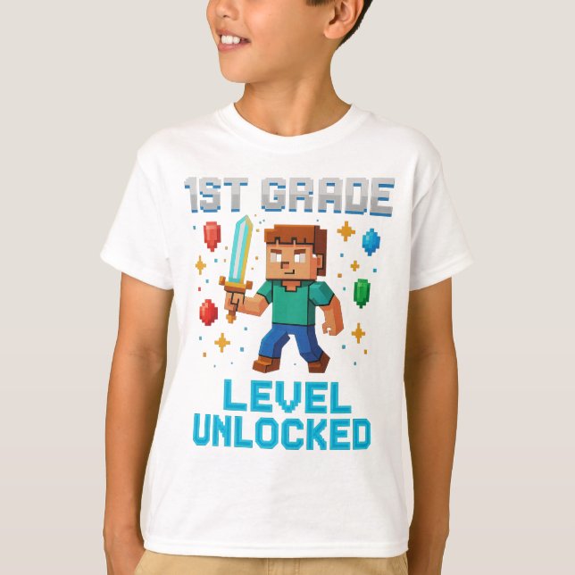 1st Grade Level Unlocked T-Shirt – Fun Pixel Gamer (Front)