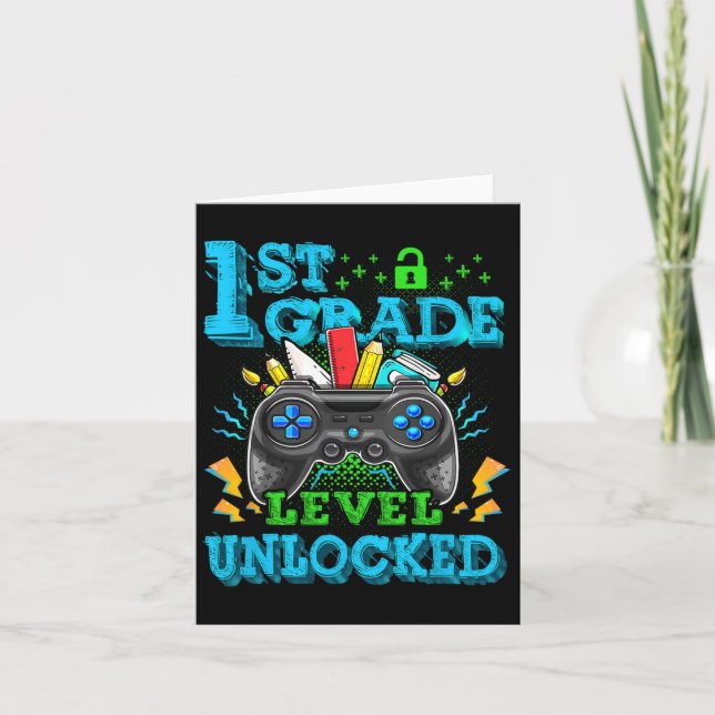 1st Grade Level Unlocked Video Game Back To School Card (Front)