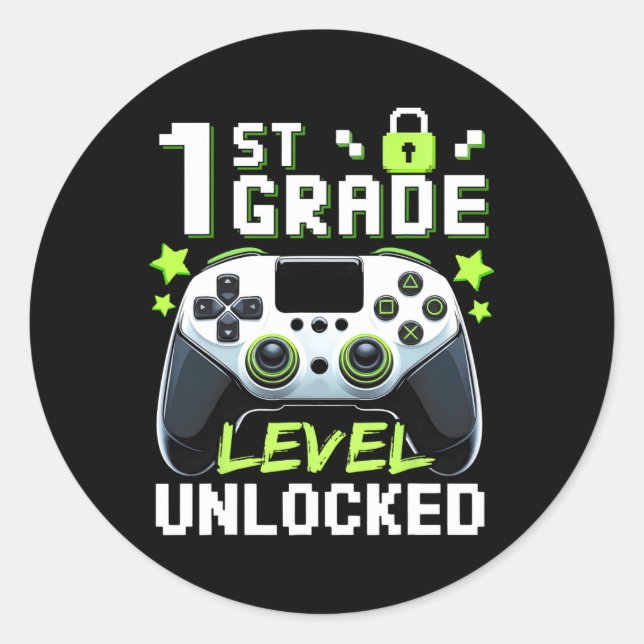 1st Grade Level Unlocked Video Gamer Back To Schoo Classic Round Sticker (Front)