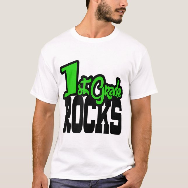 1st Grade ROCKS Green School Teacher Gift T-Shirt (Front)