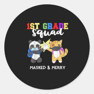 1st Grade Squad Quarantine Panda Kitty Funny Mask Classic Round Sticker
