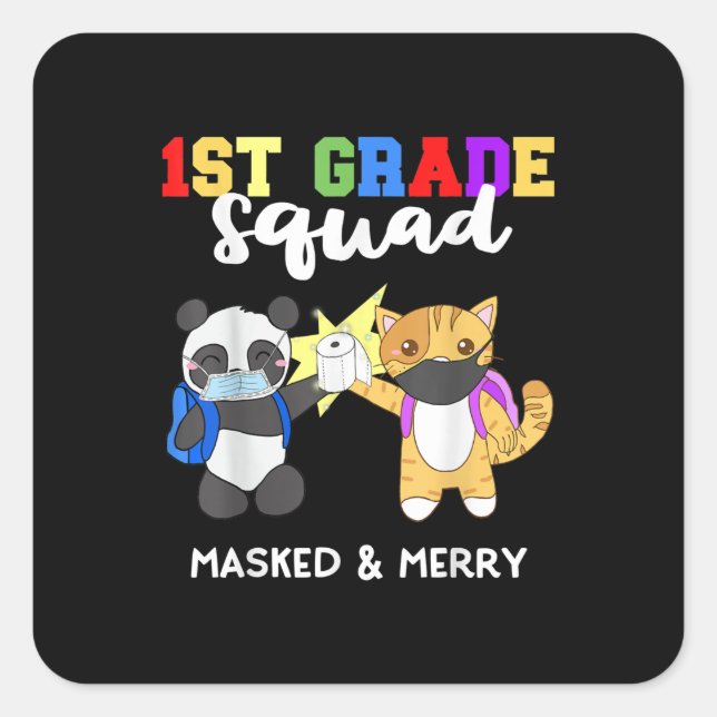 1st Grade Squad Quarantine Panda Kitty Funny Mask Square Sticker (Front)