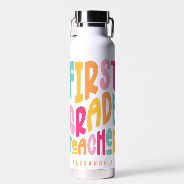 1st Grade Teacher Colourful Text Water Bottle (Front)