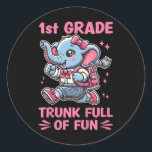 1st Grade Trunk Full Of Fun Cute Elephant Back To  Classic Round Sticker<br><div class="desc">1st Grade Trunk Full Of Fun Cute Elephant Back To School</div>
