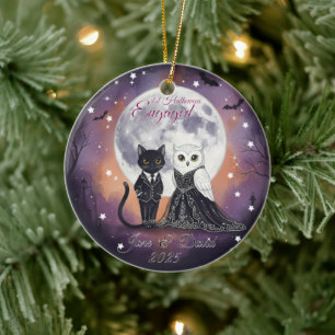 1st Halloween Engaged Cat Owl with Name Ceramic Ornament