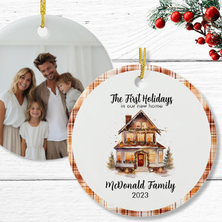 1st Holidays New House Orange Brown Gingham Boho Ceramic Ornament
