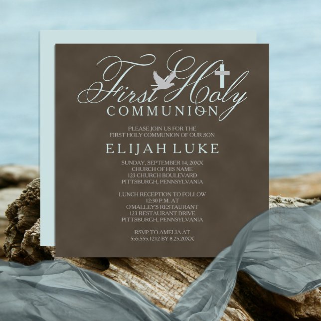 1st Holy Communion Boy Dove Cross Brown Distressed Invitation (Creator Uploaded)