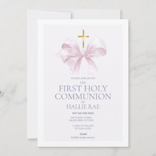 1st Holy Communion Invitation, Modern Pink Bow Invitation