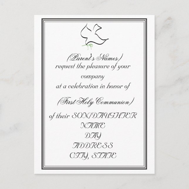 1st Holy Communion Invite-Dove and Olive Branch Invitation Postcard (Front)