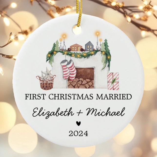 1st Married Christmas Watercolor Christmas Tree Ceramic Ornament (Creator Uploaded)