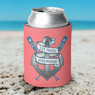 1st Mate Anchor Nautical Oars Coral Pink Custom Can Cooler