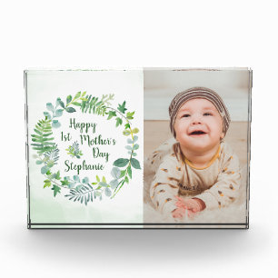 1st Mother's Day Greenery Wreath Personalized Photo Block