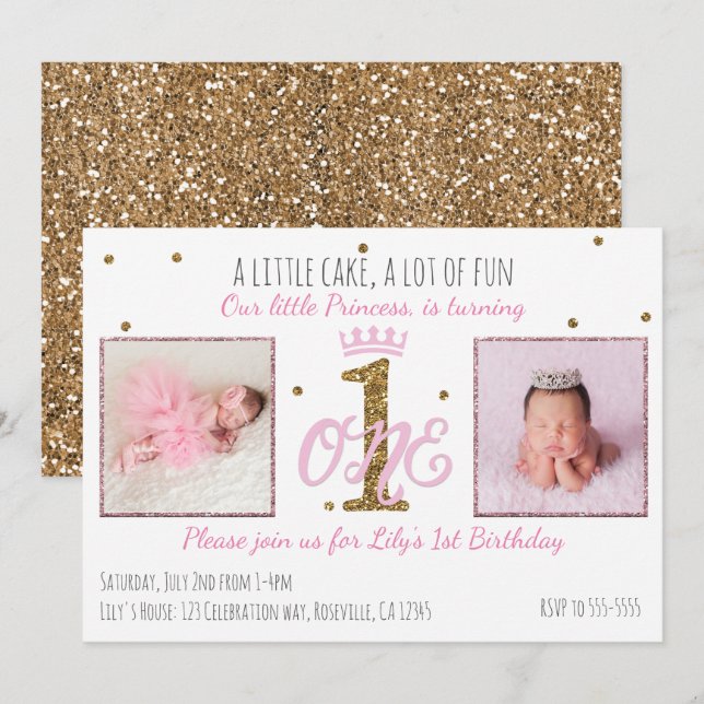 1st ONE 1 Birthday Princess Party Photo Invitation (Front/Back)
