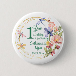 1st Paper Wedding Anniversary Gold Frame Floral 2 Inch Round Button