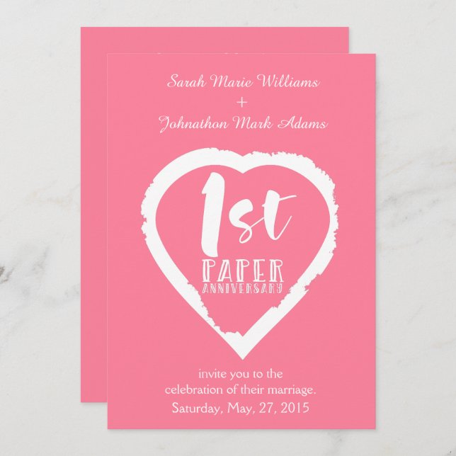 1ST paper wedding anniversary heart Invitation (Front/Back)